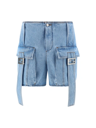 Fendi Ff Baguette Buckled Denim Shorts In Light Blue