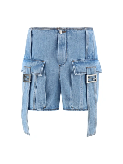 Fendi Ff Baguette Buckled Denim Shorts In Perfect