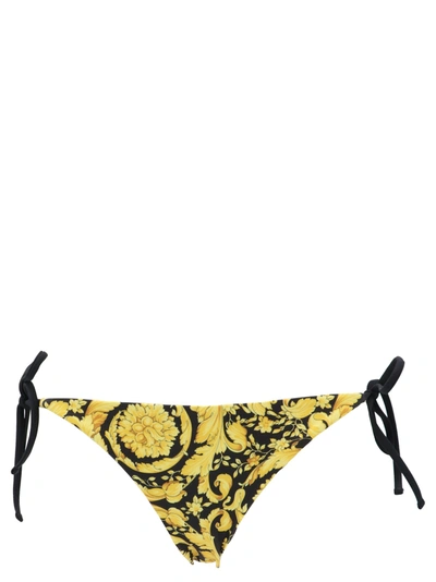 Versace Barocco-print Side-tie Bikini Bottoms In Black,yellow,gold