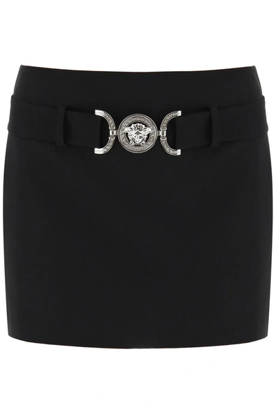 Versace Belted Grain De Poudre Wool Mini Skirt In Black