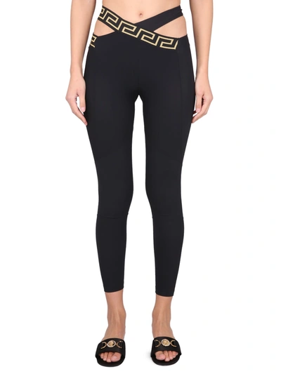 Versace Crisscross Greek Logo Leggings In Black