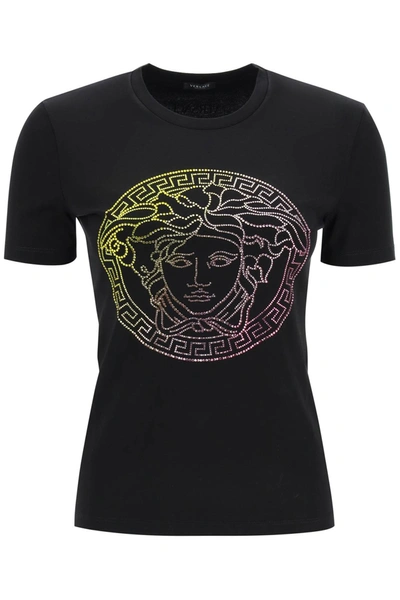 Versace Rainbow Strass Medusa Logo T-shirt In Mixed Colours
