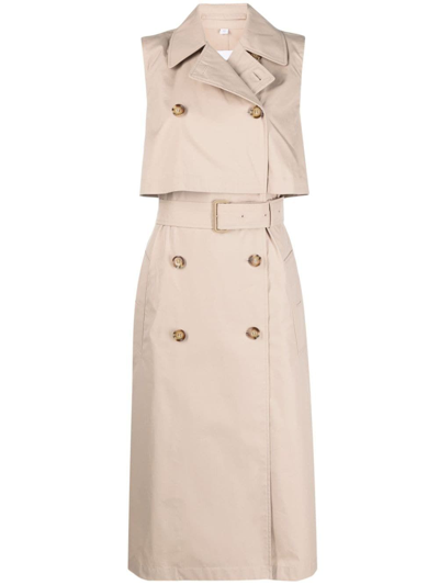 Burberry Belted Layered Double-breasted Cotton-blend Gabardine Midi Dress In Beige