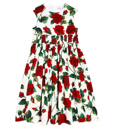 Dolce & Gabbana Kids' Floral Cotton Poplin Dress In Red