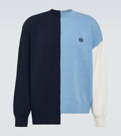 Loewe Anagram Colourblocked Wool-blend Jumper In Blue