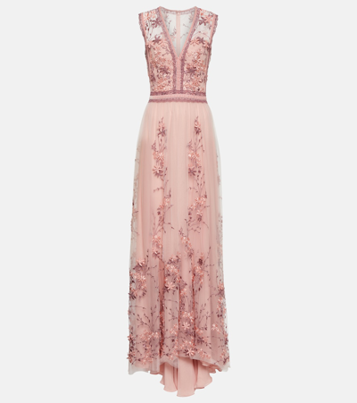 Costarellos Eva Embroidered Tulle Gown In Pink