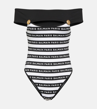 Balmain Logo-tape Off-shoulder Swimsuit In Black