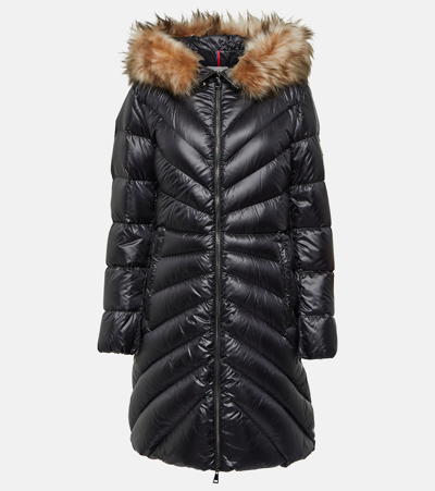 Moncler Chandre Long Puffer Coat With Faux Fur Ruff In Black