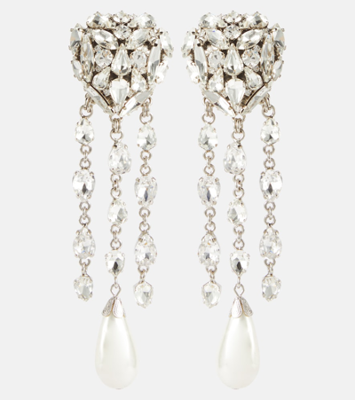 Alessandra Rich Crystal Heart Earrings W/ Fringes In Silver