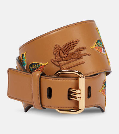 Etro Embroidered Leather Belt In Red