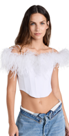 ROZIE CORSETS OFF SHOULDER SATIN CORSET WITH FEATHERS WHITE