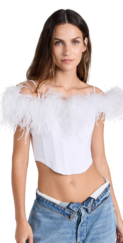 Rozie Corsets Off Shoulder Satin Corset With Feathers In White