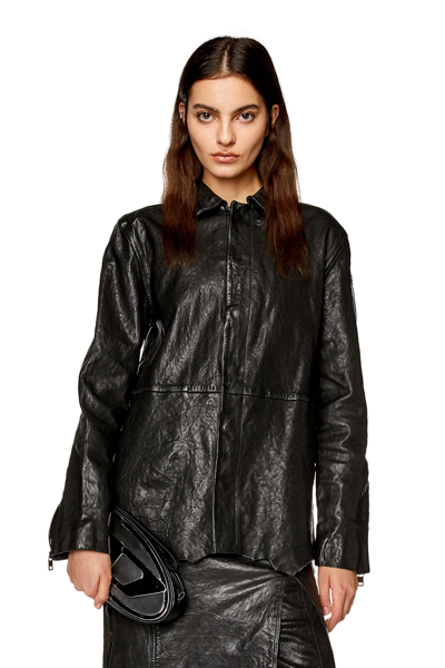 Diesel Jacket In Shiny Wrinkled Leather In Black