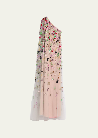 Reem Acra One-shoulder Floral Embellished Gown In Light Blushmulti