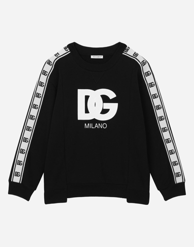 Dolce & Gabbana Kids' Long-sleeved Round-neck Sweatshirt With Logo Print And Branded Trims In Black