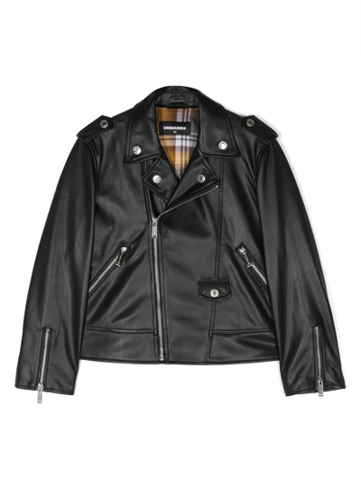 Dsquared2 Kids' Logo-patch Faux-leather Jacket In Black