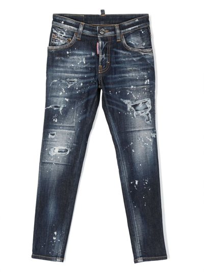 Dsquared2 Kids' Skater Distressed Mid-rise Jeans In Blue