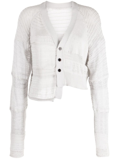 Y's Asymmetric Pointelle-knit Cropped Cardigan In Grey