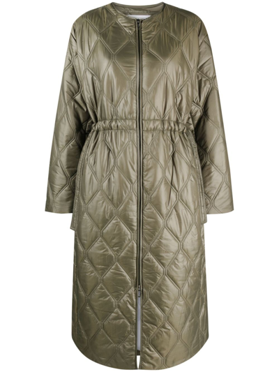 Ganni Shiny Quilted Long Coat In Green