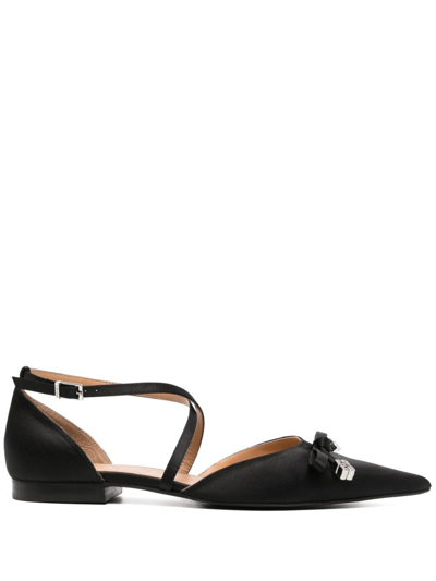 Ganni Satin Butterfly Pointy Ballerinas In Black