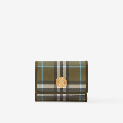 Burberry Check And Leather Small Folding Wallet In Olive Green