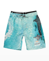 Molo Kids' Boy's Neal Palm Tree Smiley Drawstring Swim Trunks In Ocean Print