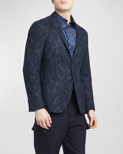 Etro Men's Paisley Waffle-knit Jacket In Navy