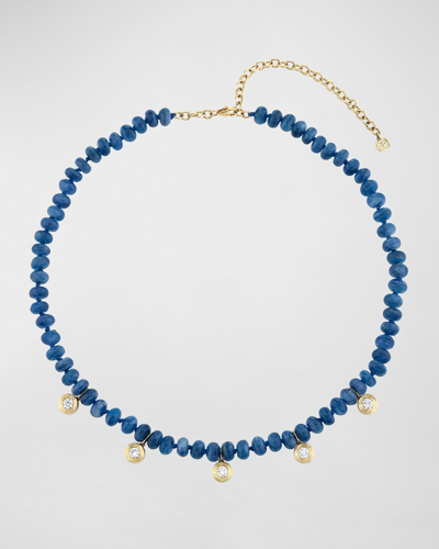 Sydney Evan Kyanite Beaded Necklace With Multi-bezel Diamond Charms In Blue