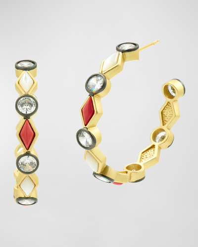 Freida Rothman Multi Stone Hoop Earrings In Gold