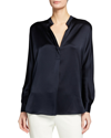 Vince Silk Satin Band Collar Blouse In Blue