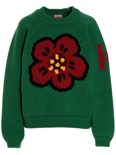 Kenzo Flower Intarsia Knitted Crewneck Jumper In Green