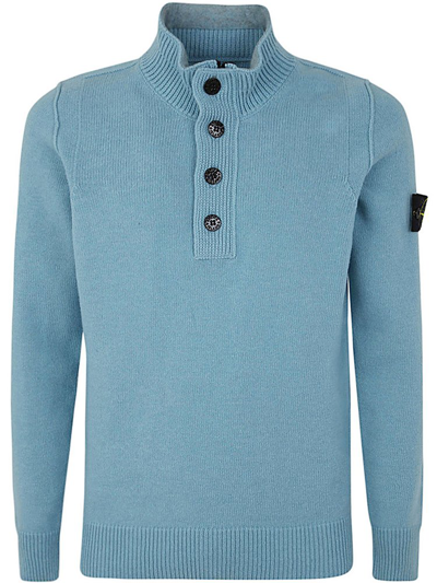 Stone Island Logo Patch Buttoned Sweater In Blue
