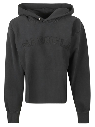 Maison Margiela Logo Embroidered Hoodie In Black/delave