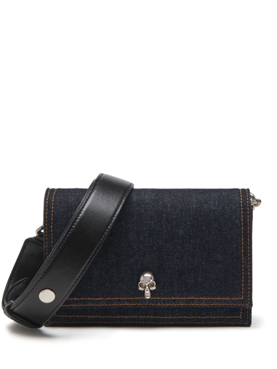 Alexander Mcqueen Small Skull Denim Satchel Bag In 4290 Denim/ Black