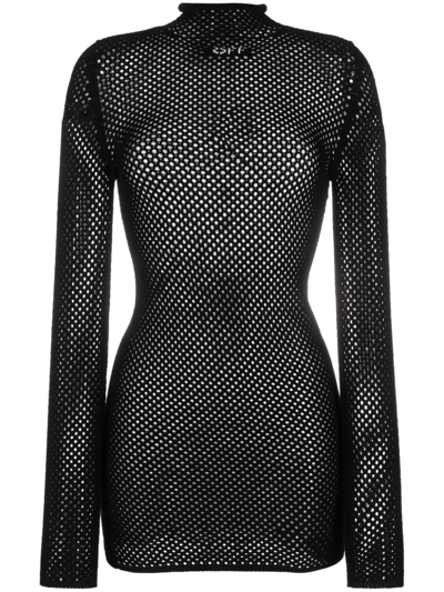Off-white Intarsia-logo Mesh Knitted Dress In Black