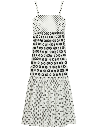 Tory Burch Graphic-print Square-neck Flared Dress In White And Blue