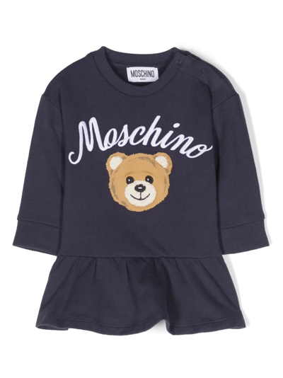 Moschino Babies' Logo-embroidered Long-sleeve Dress In Blue