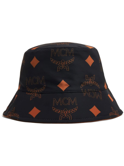 Mcm Logo Print Reversible Bucket Hat In Black