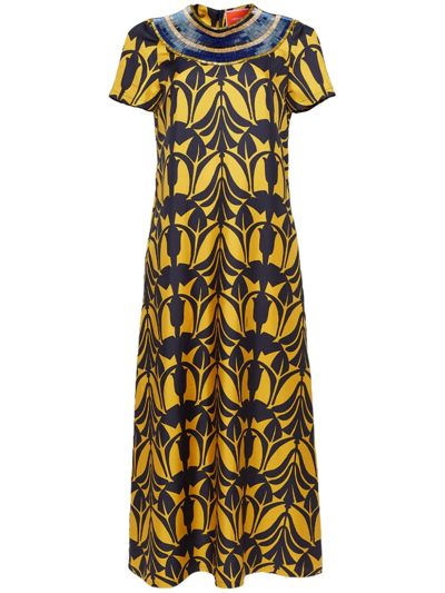 La Doublej Graphic-print Short-sleeve Dress In Yellow