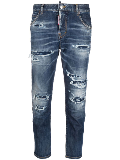 Dsquared2 Distressed Logo-patch Cropped Jeans In Blue