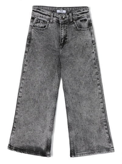 Msgm Kids' Rhinestone-embellished Wide-leg Jeans In Grey