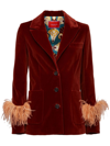 LA DOUBLEJ KEATON FEATHER-TRIM VELVET BLAZER