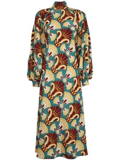 La Doublej Medici Graphic-print Silk Dress In Dendera_light_blue