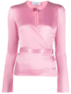 Blumarine Rose Appliquée Belted Long-sleeved Blouse In Pink