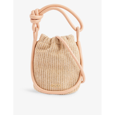 Ganni Small Knot Bucket Raffia Bag In Beige