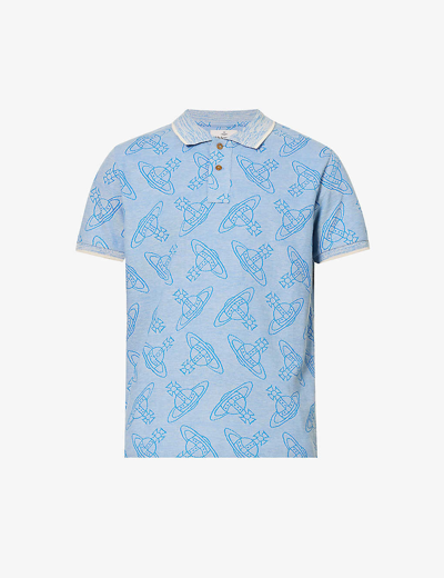 Vivienne Westwood Mens Cream Blue Orb-print Split-side Organic-cotton Polo Shirt