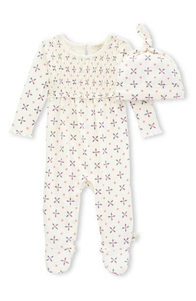 Burt's Bees Baby Babies' Organic Cotton Medallion Smock Coverall & Cap Set In Eggshell