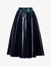 ALAÏA ALAIA WOMENS BLEU PETROLE PLEATED PATENT HIGH-RISE WOOL-BLEND MIDI SKIRT