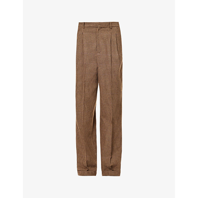 Polo Ralph Lauren Womens 1463 Brown Houndstooth Check-print Wide-leg High-rise Woven-blend Trousers