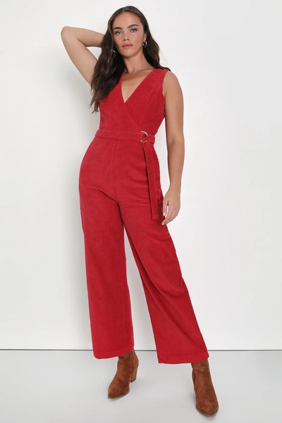 Lulus Absolutely Cute Berry Red Corduroy Wide-leg Jumpsuit In Rust Red